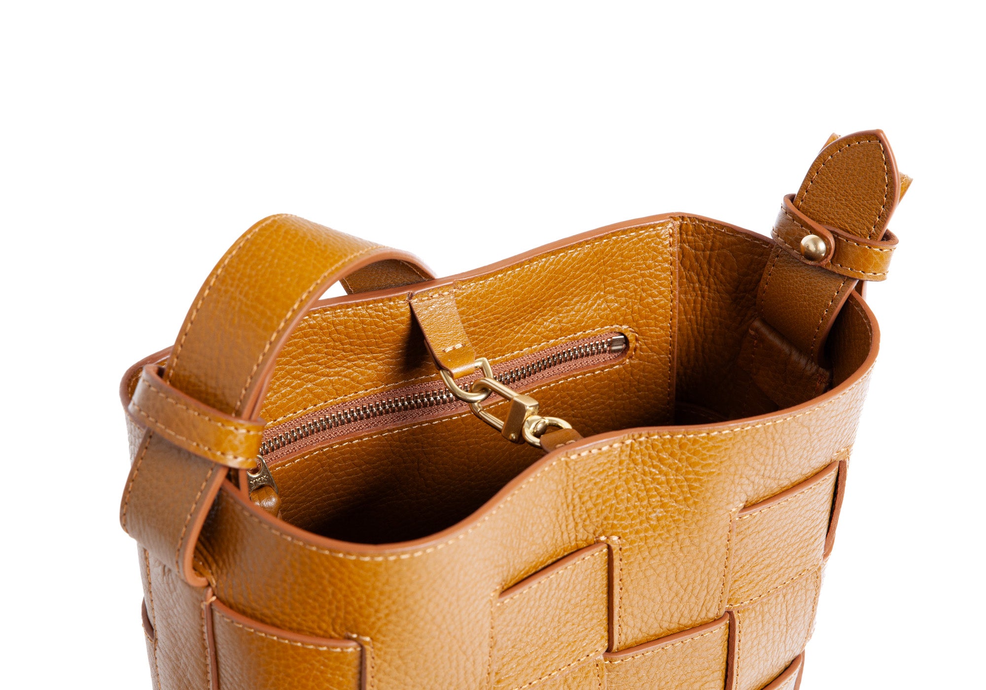 Clasp of Mini Woven Leather Bucket Shoulder Bag Cumin
