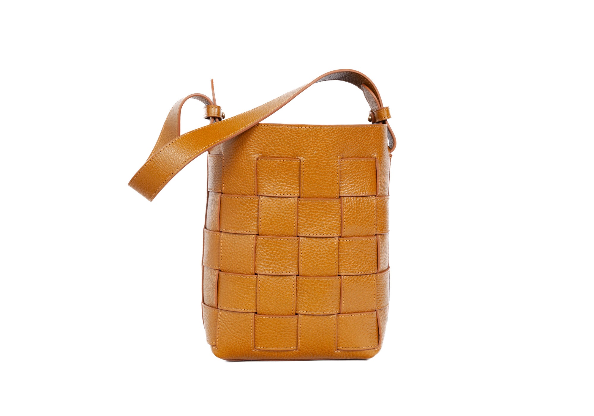Front of Mini Woven Leather Bucket Shoulder Bag Cumin