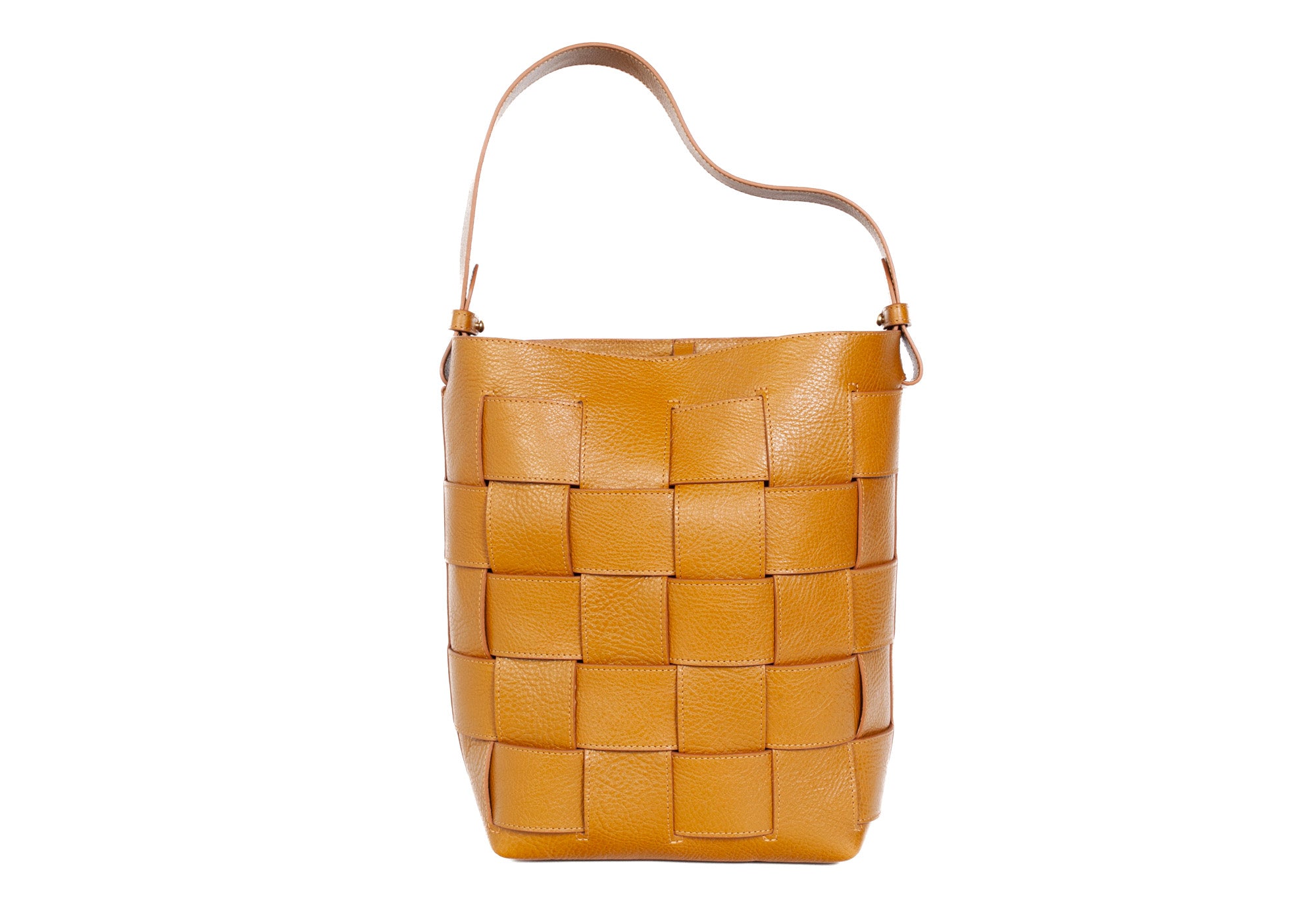 Front of Woven Leather Bucket Shoulder Bag Cumin