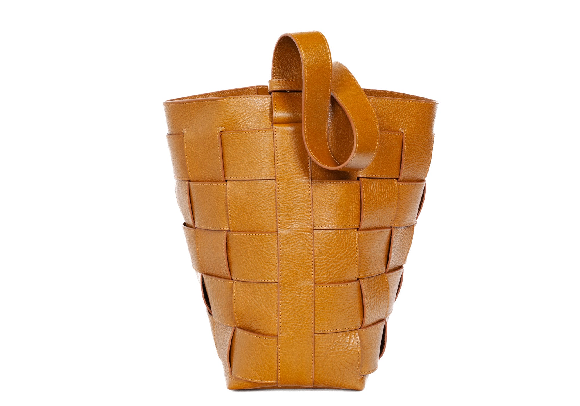 Side of Woven Leather Bucket Shoulder Bag Cumin