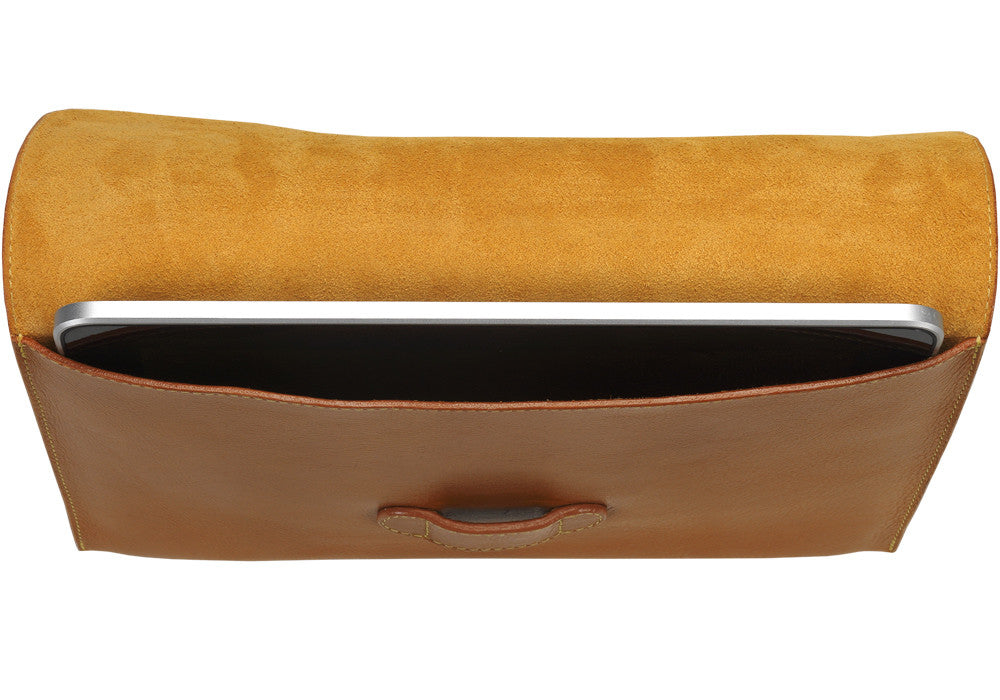 Leather Top Open View of Leather iPad Case Tan