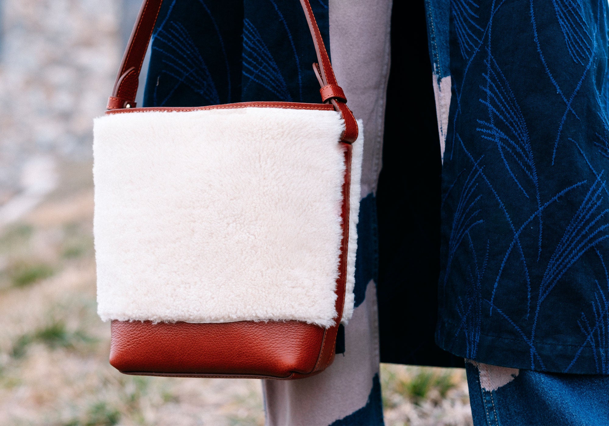 Shearling Mini Leather Bucket Shoulder Bag Saddle Tan