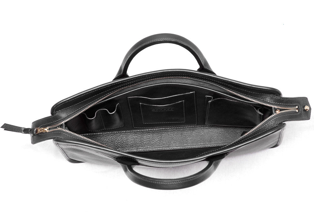 Inner Leather of Leather Slim Zipper Briefcase Black