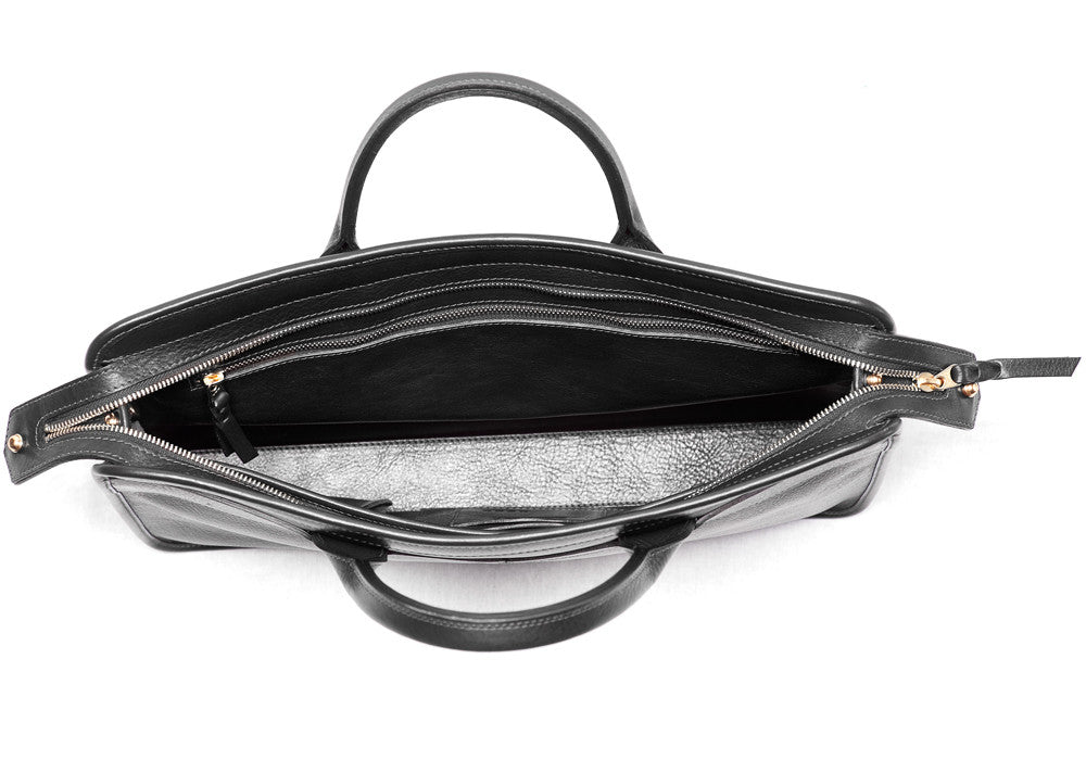 Inner Leather View of Leather Slim Zipper Briefcase Black