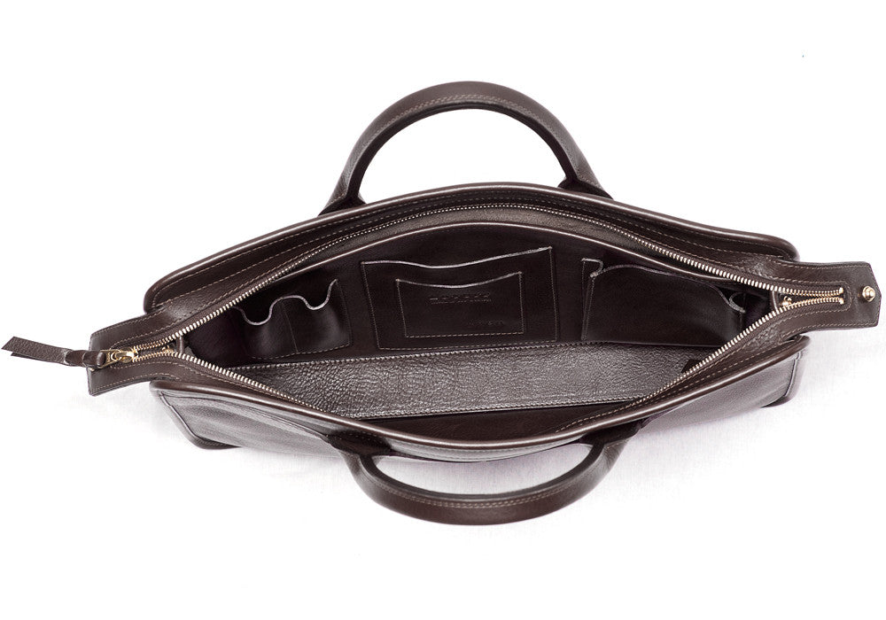 Inner Leather View of Leather Slim Zipper Briefcase Chocolate