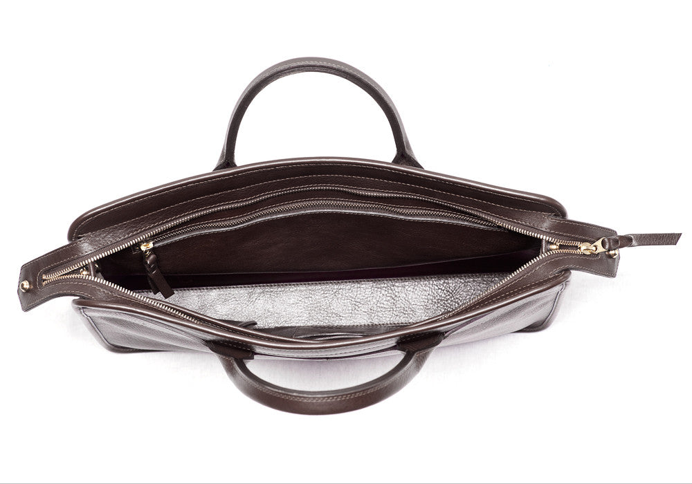 Inner Leather View of Leather Slim Zipper Briefcase Chocolate